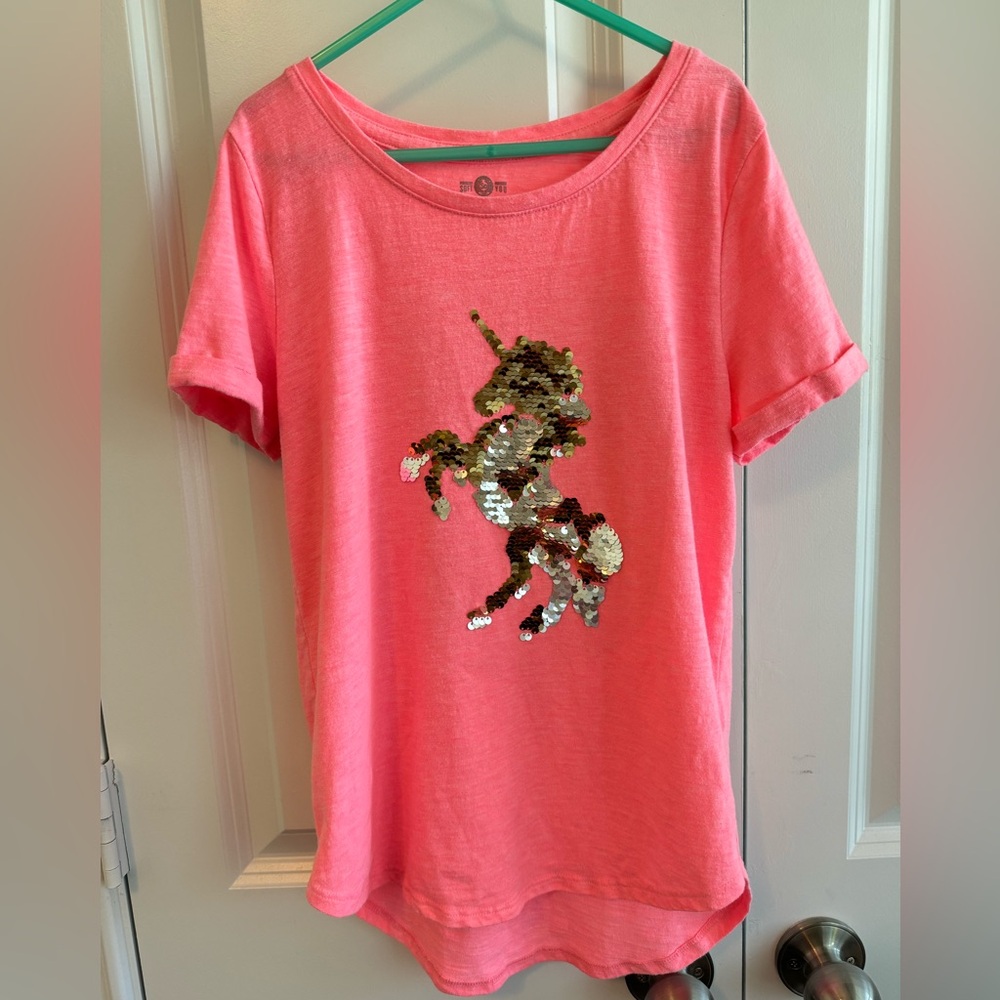 SO Girls Coral Flip Sequin Unicorn T-Shirt – Size 12